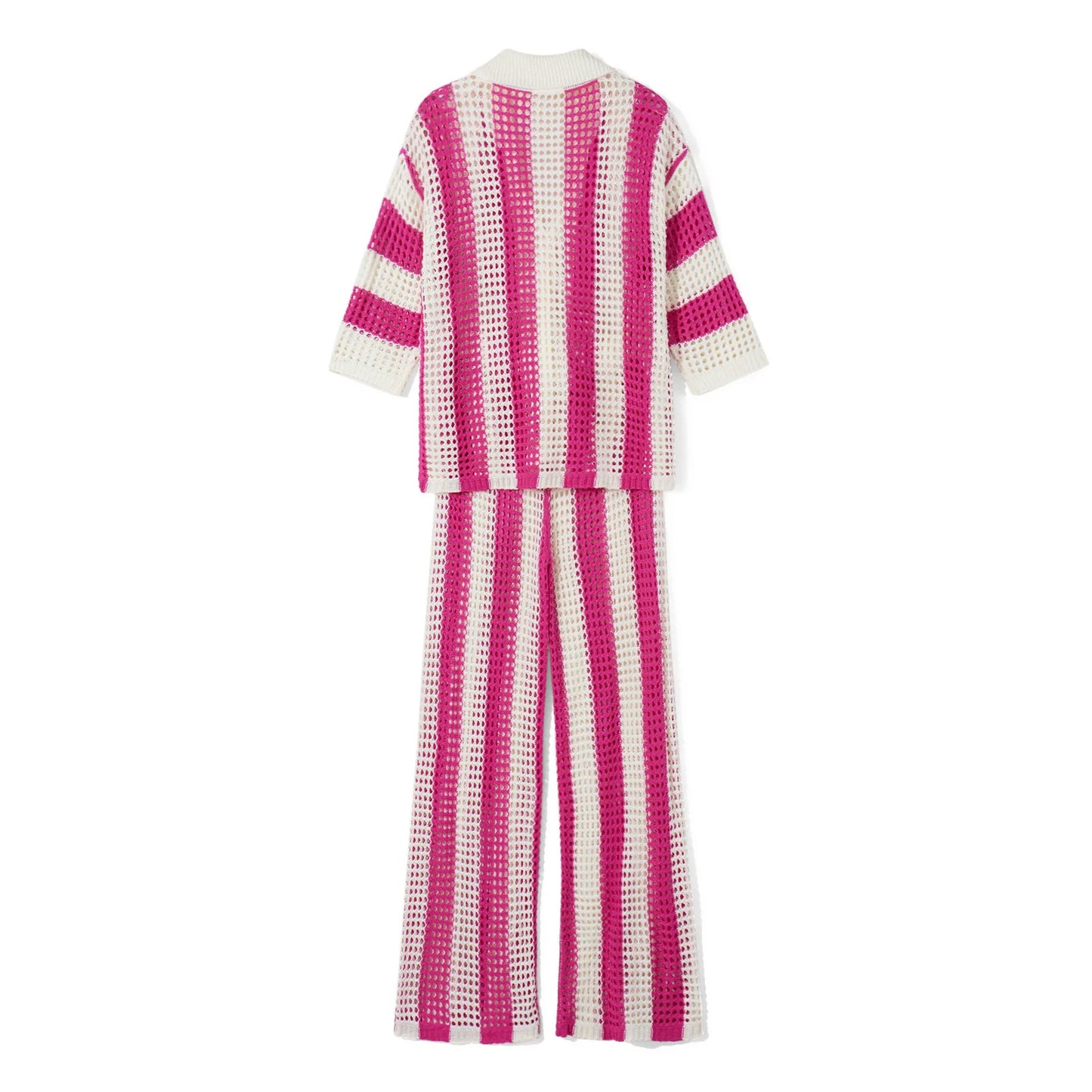 Women With Summer V-neck Button Top & Wide Leg Pants Suits Spring Crochet Hollow Knitted Set Woman 2 Pieces Striped Print