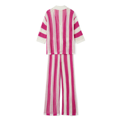 Women With Summer V-neck Button Top & Wide Leg Pants Suits Spring Crochet Hollow Knitted Set Woman 2 Pieces Striped Print