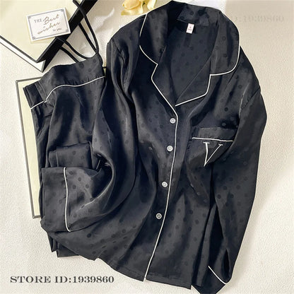 Women Long Sleeve Pajamas 2PCS Set Spring Summer New Sleepwear Loungewear Fashion Stripes Pyjama Pour Femme Loose Satin Homewear Black Pajamas 19