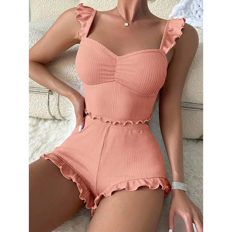 Women's Two-Piece Pajamas Set Summer Sexy Solid Ruffles Camisole And Shorts Pyjamas Set Sleepwear Pink