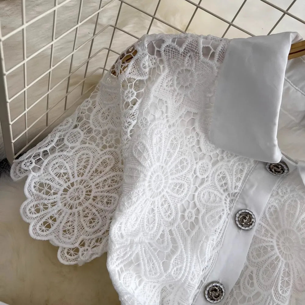 Summer Elegant Crochet Lace Patchwork Chiffon Pleated Dress Women's Short Sleeve Hollow Out Flower Buttons Belt Runway Vestidos