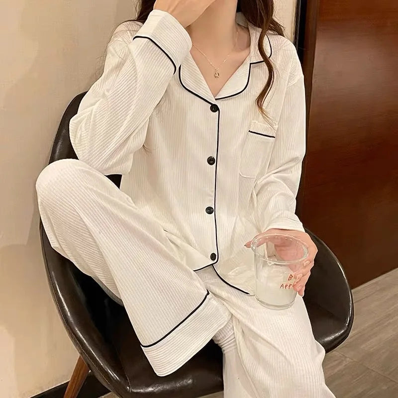 New Women's Imitation Cotton Pyjamas Homewear Set Girls Spring and Autumn Pajamas Homewear Ladies Long-Sleeved Cardigan Homewear White