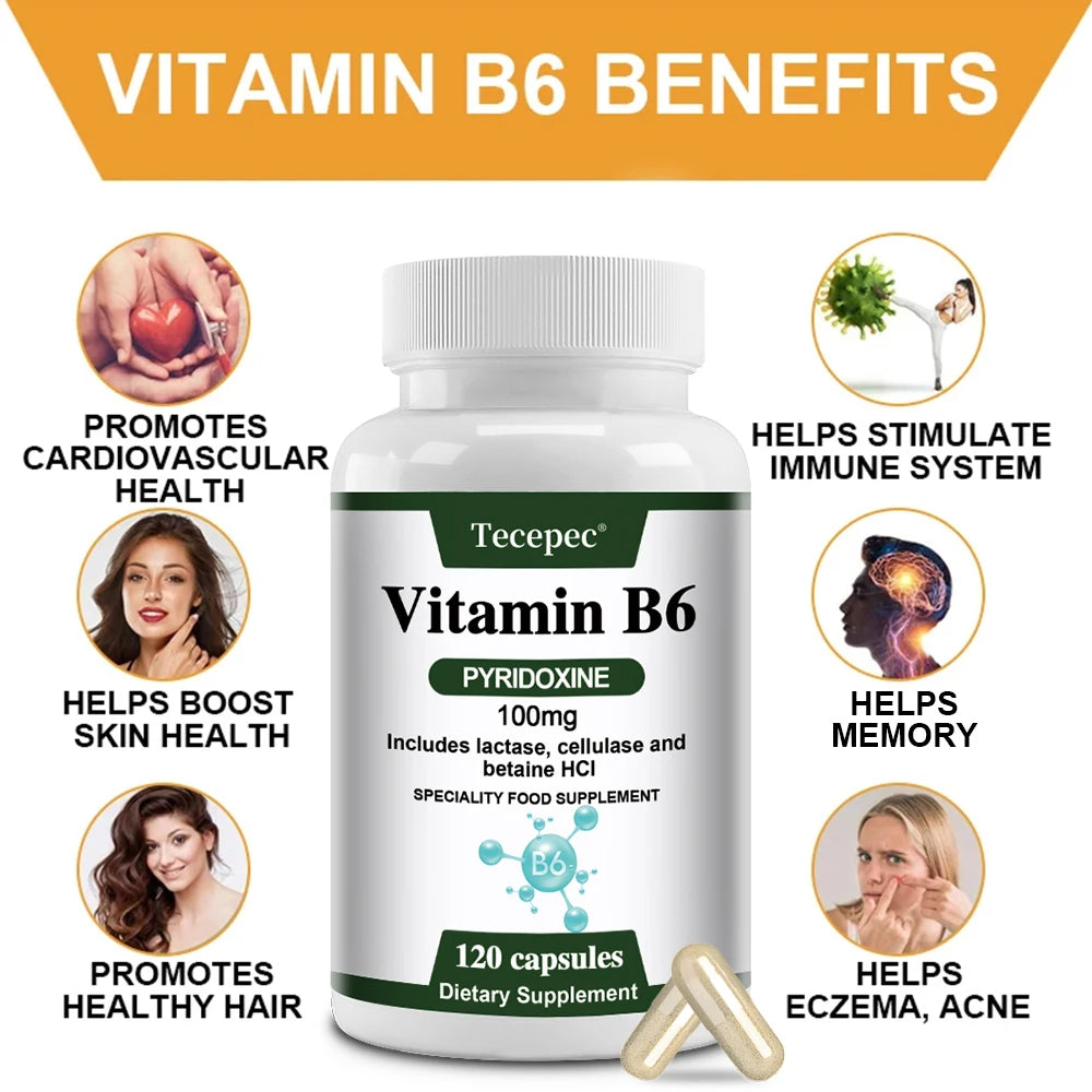 Vitamin B6, 100 Mg, with Lactase, Cellulase, and Betaine for Mental and Physical Energy, Brain Health, Heart Health, Non-GMO