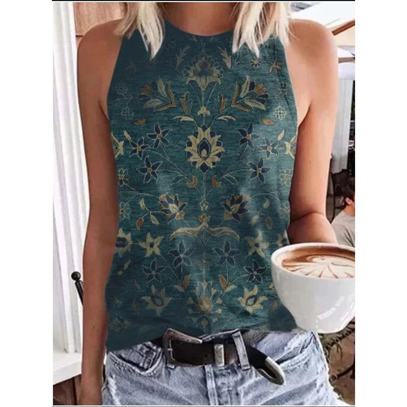 Ethnic Style Paisley 3D Print Tank Tops Women Retro Streetwear Y2k Oversized O-Neck Vest Off Shoulder Sleeveless Woman Camisole FKF66F202314147