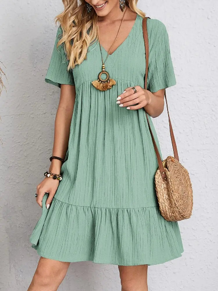 Women Elegant Short Sleeve V Neck Ruffles Dress Summer Casual Solid Loose Mini Dress Chic Bohemian Sundress Beach Party Vestidos Badiee Stylez