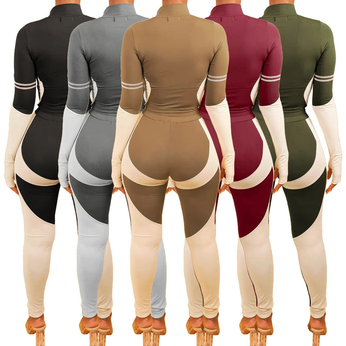 Y2K Color Matching Women'S Set Sweatsuit Two Piece Outfits Ladies' Standing Collar Sports Suit Slim Fit Long Sleeved Long Pants Badiee Stylez