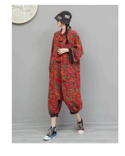 Artistic Large Floral Cotton Linen Chinese Style Button Embroidery Loose Casual Jumpsuit Women LX4344 Badiee Stylez