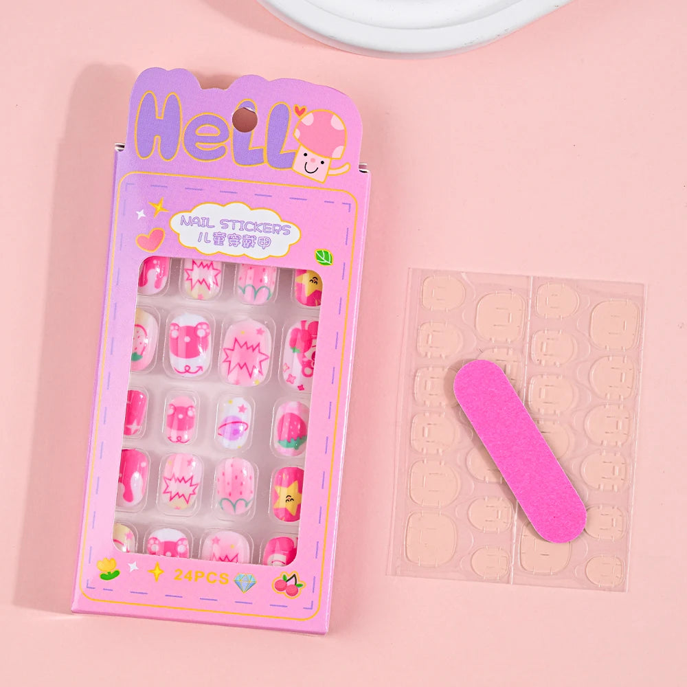 24Pcs Children Cartoon Nail Tips Colorful Cute Rabbit Pink Stars 6-14 Years old Girl Fake Nail With Jelly Glue Kids False Nail TC0006-2