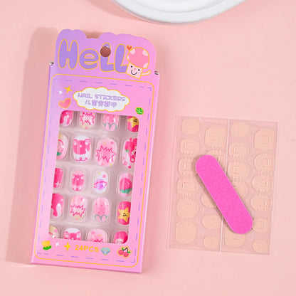 24Pcs Children Cartoon Nail Tips Colorful Cute Rabbit Pink Stars 6-14 Years old Girl Fake Nail With Jelly Glue Kids False Nail TC0006-2