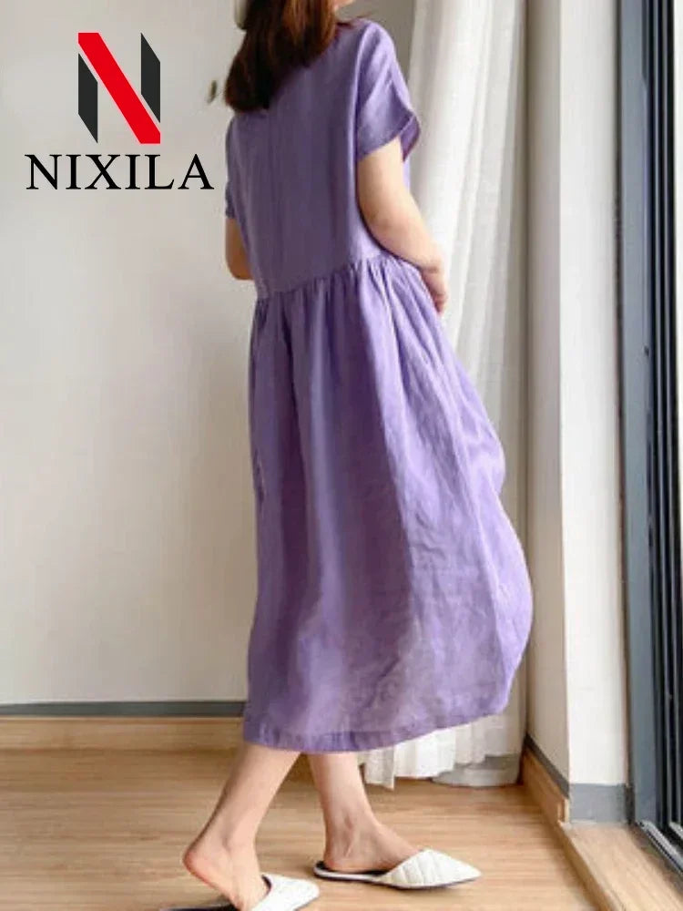 New in Spring Summer Women's Dress Elegant Casual Loose Short Sleeve Tops A-LINE Oversize Solid Midi Dresses for Women Clothing Badiee Stylez