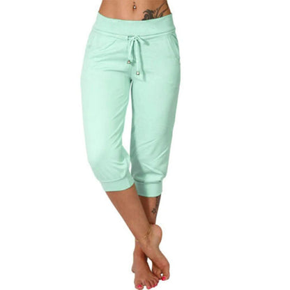 Classic Solid Color Jogging Pants Women Cotton Linen Capris Trousers Bandage Double Pocket Pants Summer Beach Vacation Wear Green