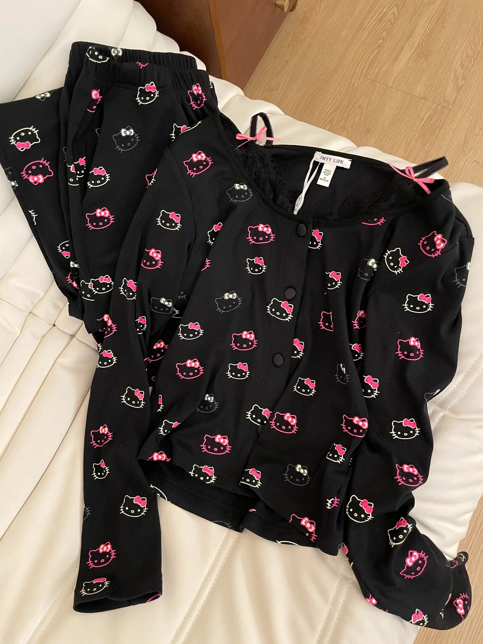 2Pcs/Set Girl's Cotton Pajama Built-in Bra Outdoor Wear Spring Autumn Hello Kitty Collection Home Clothing Sanrio Loungewear