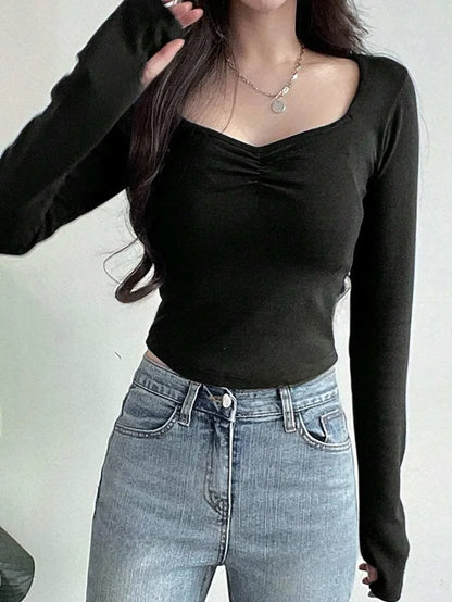 Women Long Sleeve Tops - Sexy Going Out Sweetheart V Neck Basic Shirts Tight Slim Fall Trendy Clothing