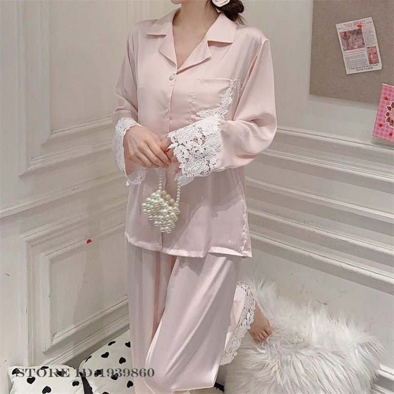 Female Pajamas Set White Satin Lace Trim Bride Wedding Sleepwear Gift Homewear Sexy Loose Long Sleeve Trouser Suit Loungewear Pink