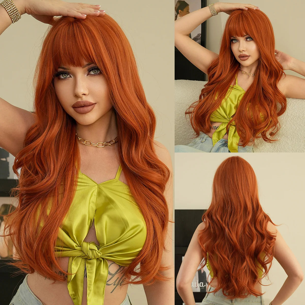 New fashion orange synthetic wig with fringe long curly hair festival daily wig high temperature silk full head cover 2502-131-orange