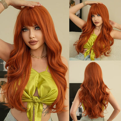 New fashion orange synthetic wig with fringe long curly hair festival daily wig high temperature silk full head cover 2502-131-orange