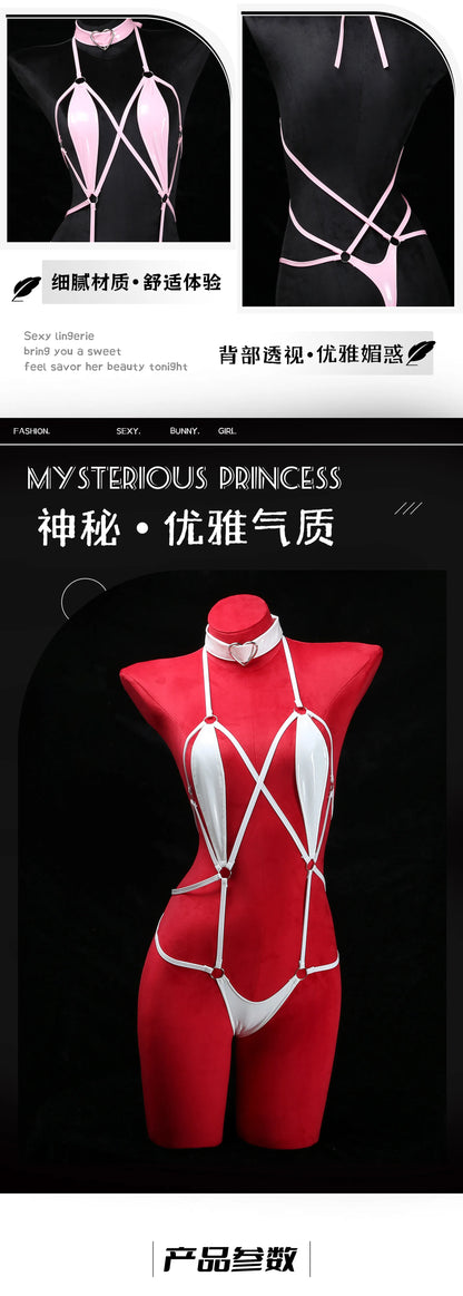 Anime Cosplay Girls Halter Leather Swimsuit Cross Straps Bandage Jumpsuit Bodysuit Lingerie Costumes Hollow Out Pajamas