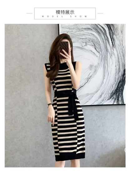 2025 Summer New Over-knee Long Temperament Slim Waist Vest Sleeveless Slim Striped Knitted Dress
