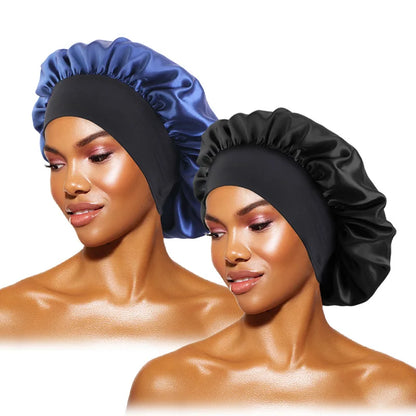 Women's Satin Solid Bonnets Wide-brimmed Night Sleeping Bathing Hat Unisex Head Wrap Elastic Band Cap Hair Care Bonnet black navy One Size