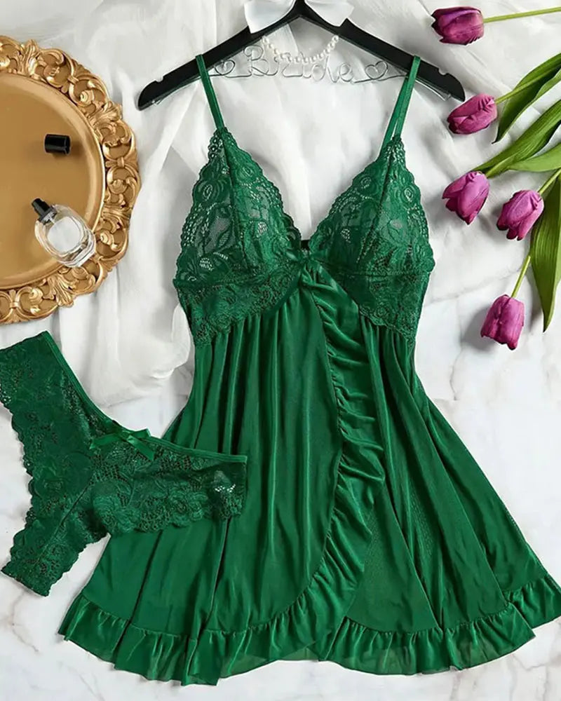 Soft Sheer Nighty Pajamas Hotselling Nightgowns Dark Green Halter Dress Women Sleepwear Sexy Bra Plus Size Nightdress Thong Sets Badiee Stylez