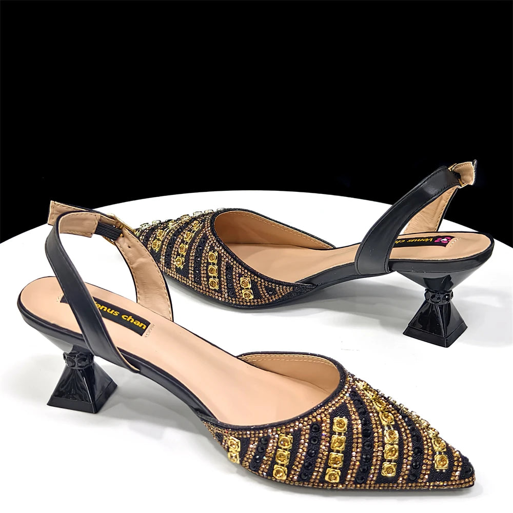 2025 Luxurious Italian Women's Party Shoes & Bag Set – Elegant Golden Rhinestone Spring/Summer Sandals with Pointed High Heels f