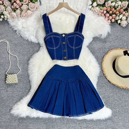 Two Piece Sets Women Sexy Dress Sets Skirt Set Sling Sleeveless Casual Denim Tops Short Skirts A Line Elegant Splice Y2k Summer