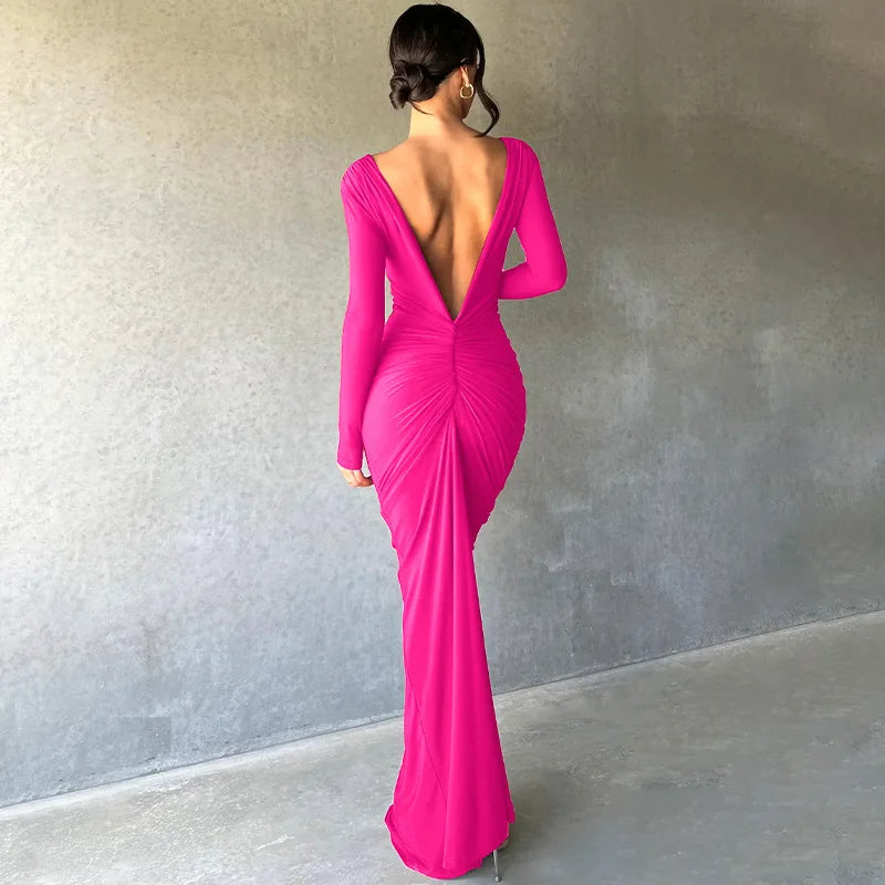 Women Sexy Elegant Long Dress Long Sleeve Backless Bodycon Slit Dress Autumn Evening Party Dresses Female Badiee Stylez