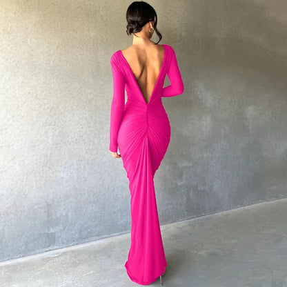 Women Sexy Elegant Long Dress Long Sleeve Backless Bodycon Slit Dress Autumn Evening Party Dresses Female Badiee Stylez