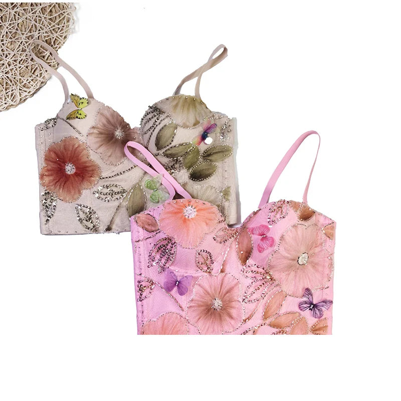Flower Embroidery Bead Fish Bone Suspender Women Bra Sexy Exposed Waist Metal Buckle Top Party Vacation Female Tops 2025 Summer