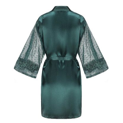 Green Bridesmaid Wedding Party Team Bride Robe With Gold Letters Lace Mesh Sleeve Kimono Satin Pajamas Mother Bathrobe Without writing 1