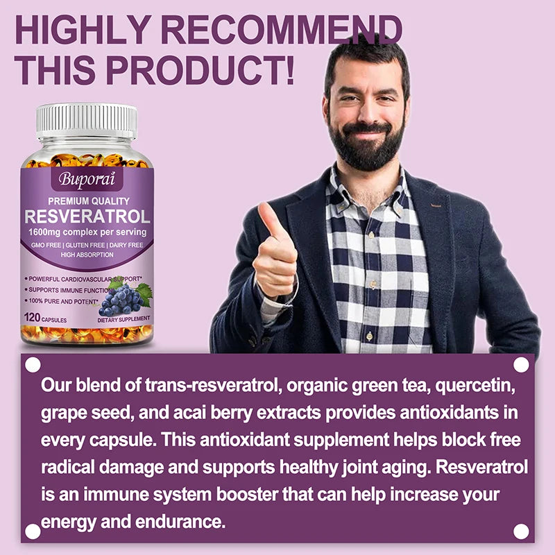 Resveratrol Capsules - Anti-aging, Antioxidant, Skin Support, Cardiovascular Health