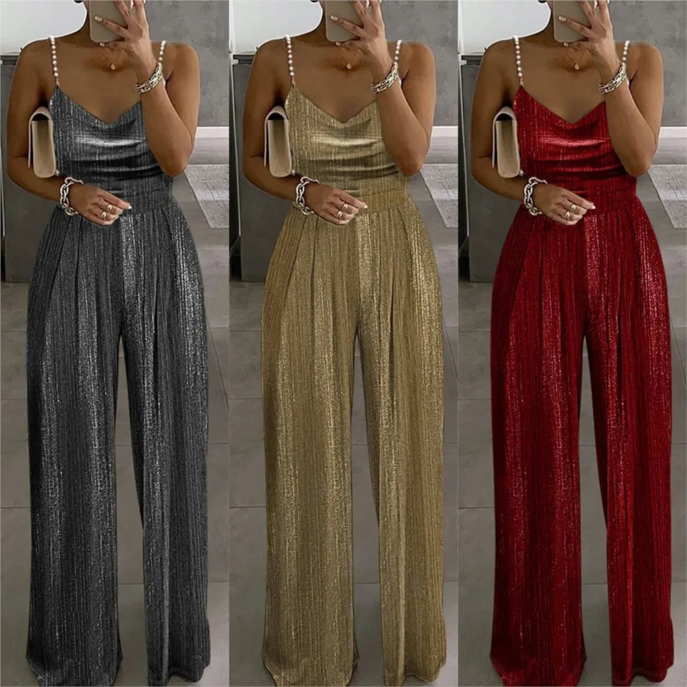 Off The Shoulder Stud Sexy Strap Women's Dinner Romper Spring Summer New Fashion Pleated Loose Straight Leg Female Long Romper