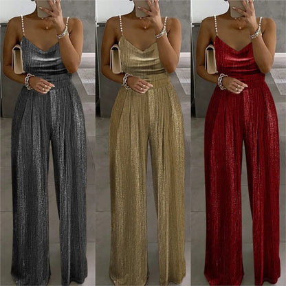 Off The Shoulder Stud Sexy Strap Women's Dinner Romper Spring Summer New Fashion Pleated Loose Straight Leg Female Long Romper