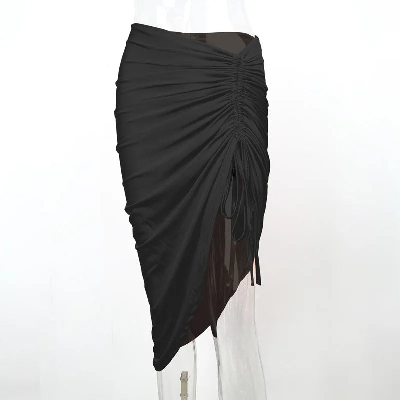 Women New Asymmetrical Shirring Skirt High Waist Pleated Fashion Pencil Skirt Summer Solid Wrap Hip Sexy Slim Irregular Skirts