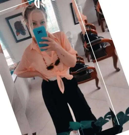 2023 Summer Half Sleeve Buttoned Up Shirt Loose Casual Blouse Chiffon Shirts Women Tied Waist Elegant Blouses for Women 9776