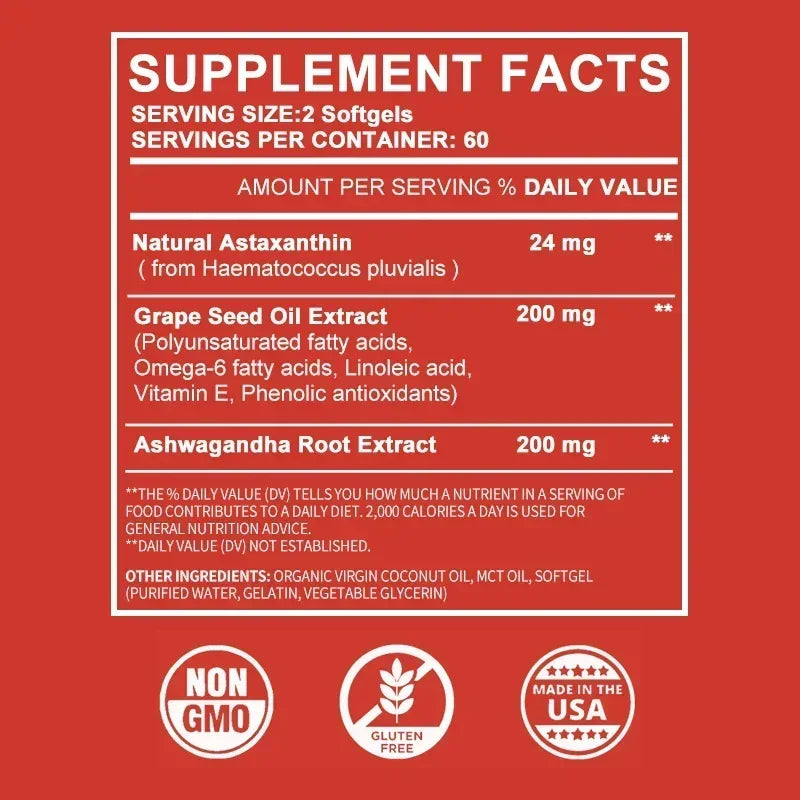 Astaxanthin 24mg - with Ashwagandha, Grape Seed Oil Extract - for Joint, Brain, Immune and Heart Support Diet