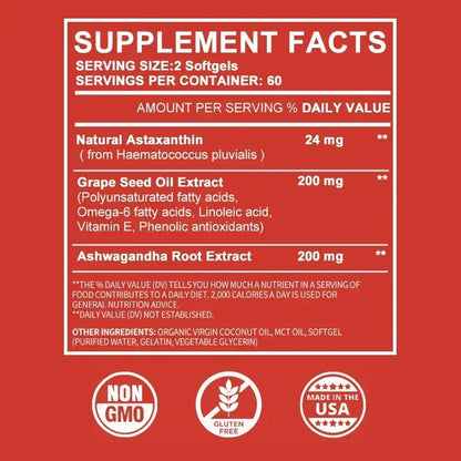 Astaxanthin 24mg - with Ashwagandha, Grape Seed Oil Extract - for Joint, Brain, Immune and Heart Support Diet