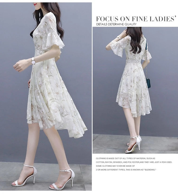 Ele Summer Women's Midi Dr ang Hai Sle Sweet Princ round Ne ort Sve A-Line Skirt Printed Chiffon Dr