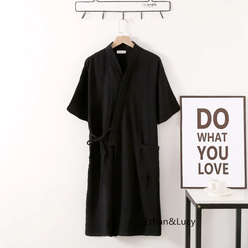 Summer 100% Cotton Gauze Crepe Short Sleeve Robes for Women and Men Solid Bathrobe Loose Soft Japanese-style Kimono Robe 2021 Men black