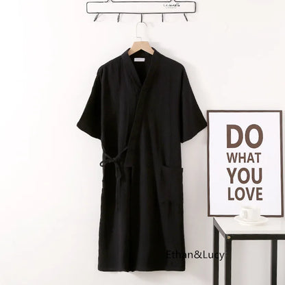 Summer 100% Cotton Gauze Crepe Short Sleeve Robes for Women and Men Solid Bathrobe Loose Soft Japanese-style Kimono Robe 2021 Men black