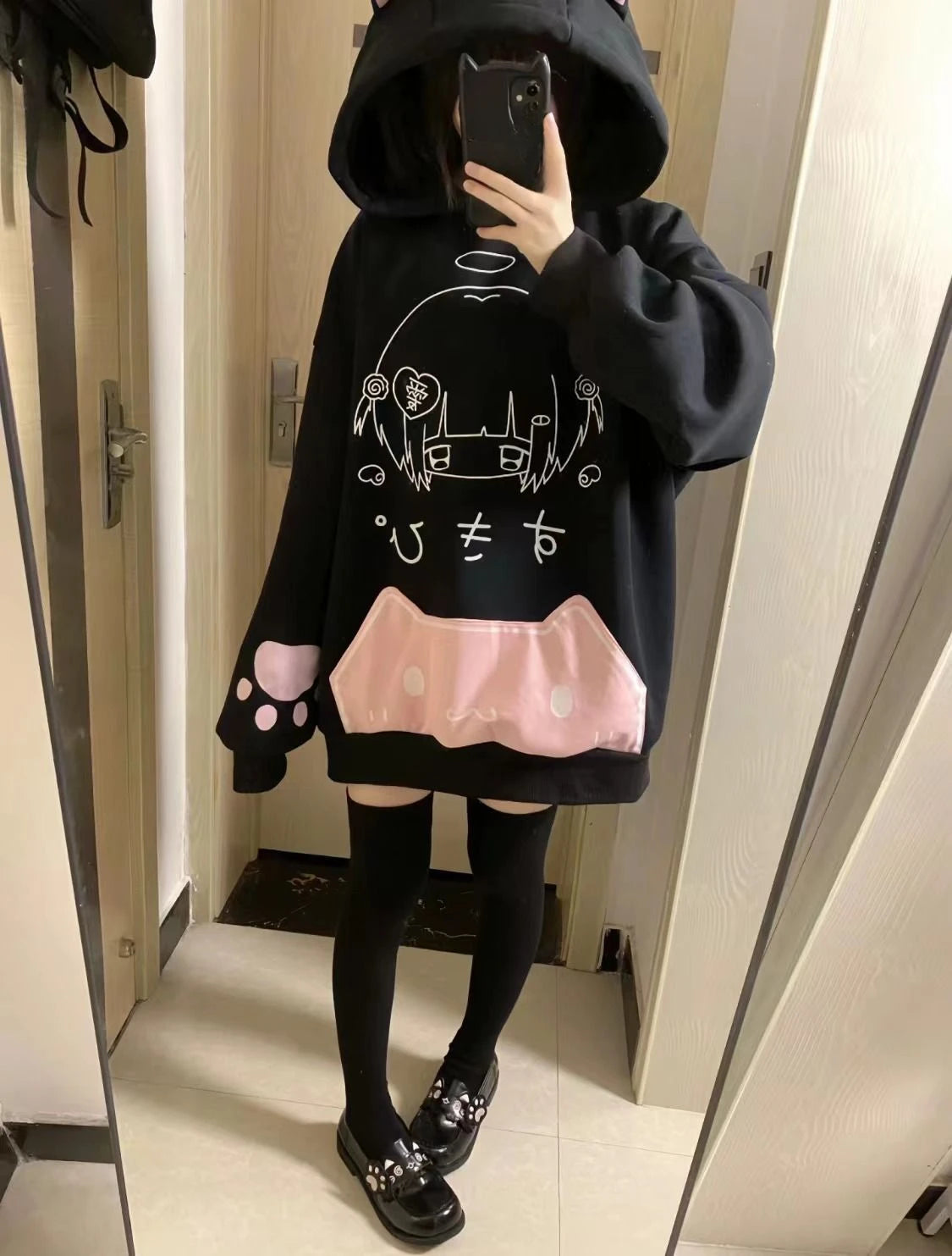 Japanese Cartoon Print Fleece Hoodies Women Harajuku Gothic Cat Ears Hooded Vintage Hoody Streetwear Y2k Aesthetic Sweatshirt