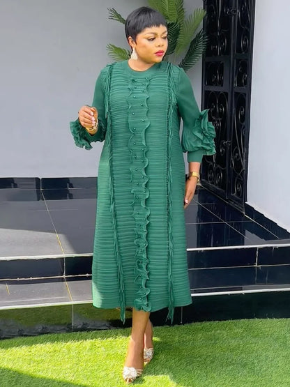 EGRM Miyake Pleated Dress Round Collar Full Sleeve Ruffles High Stretch Loose Dresses for Women 2025 New Autumn Clothing 2G3113 green One Size