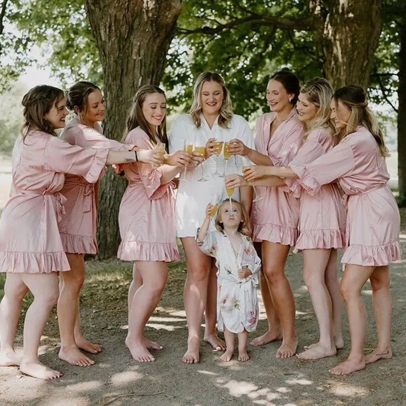 Personalized Embroidered Robe Ruffle Bridesmaids Silk Robes Bride Wedding Day Embroider Kimono Customizable Elements Kimono Robe