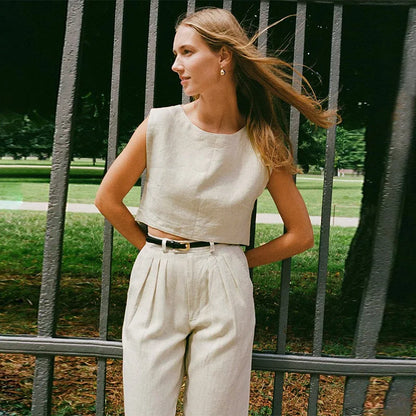 Summer New 100% Linen Sleeveless Crop Top Women's Loose Casual Solid Color Cute Tops Round Neck Minimalist Short T-Shirts Linen CHINA