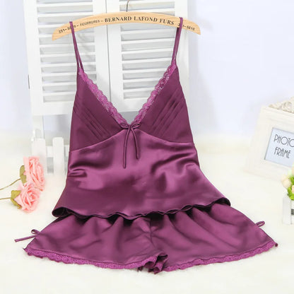 Black Pajamas Suit Lace Up Cami&shorts Set 2Pcs Satin Home Clothes Lady Sexy Lingerie Sleepwear Loungewear Plus Size 3Xl Purple