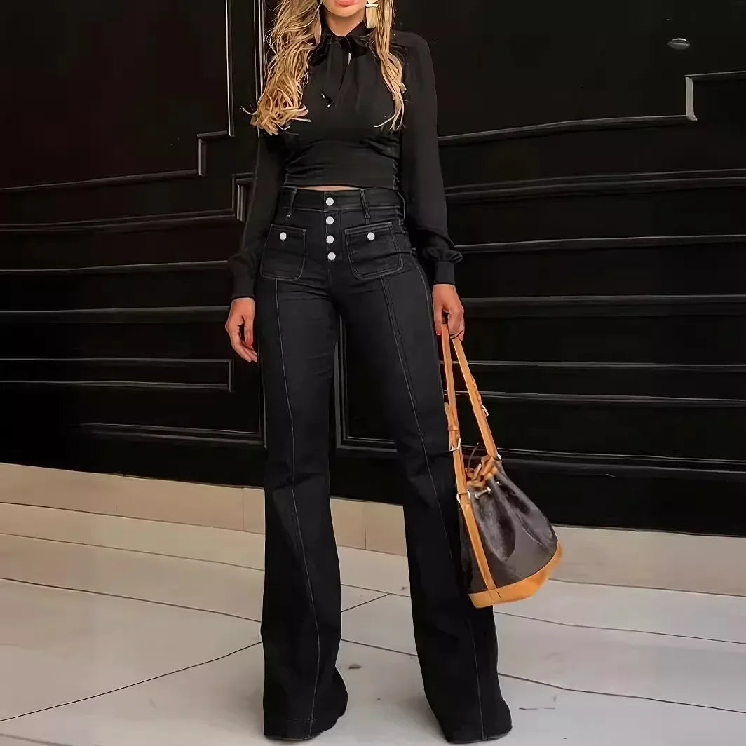 Flare Pants Women Mom Jeans Vintage Wide Leg Pants Denim High Waist Holes Pockets High Street Work Party Club Jeans Elegant Y2k black