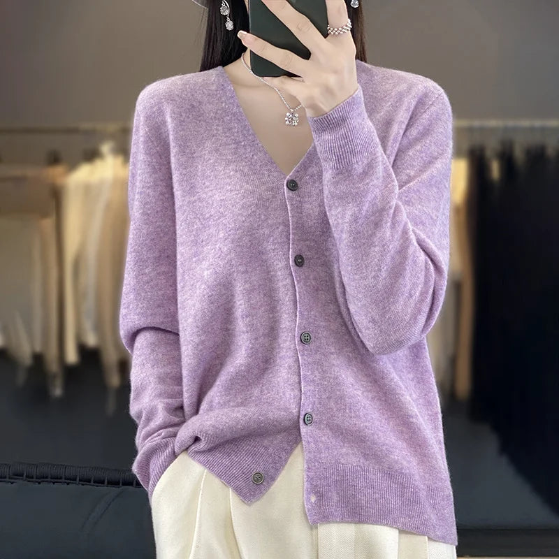 100 Merino Wool Knitted V-neck Sweater Women's Top Loose Korean Version Fashionable Versatile Autumn And Winter Cashmere Sweater WQ015 jia huazi