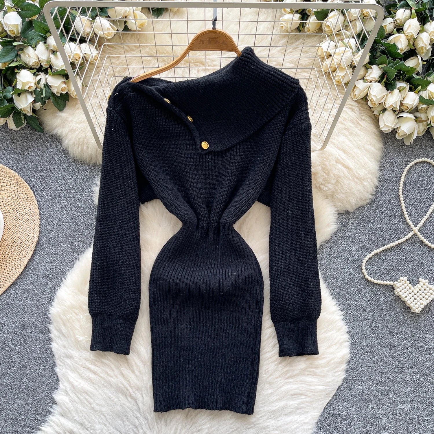 SINGREINY Autumn Knitwear Bodycon Dress Diagonal Collar High Elastic Slim Fit Design Female Light Luxury Solid Sweater Dress