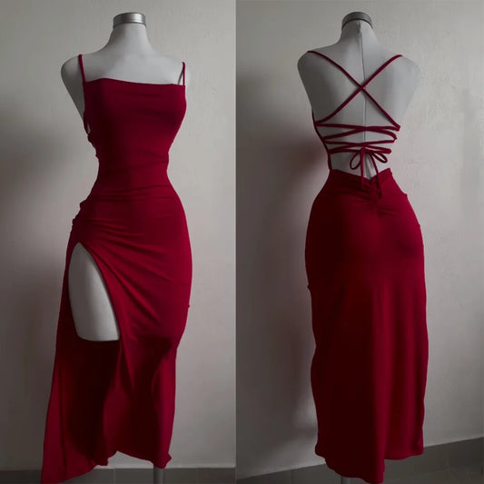 2025 new hot Sale explosive new dress summer high sensibility halter strap Spice Girl bag hip dress red