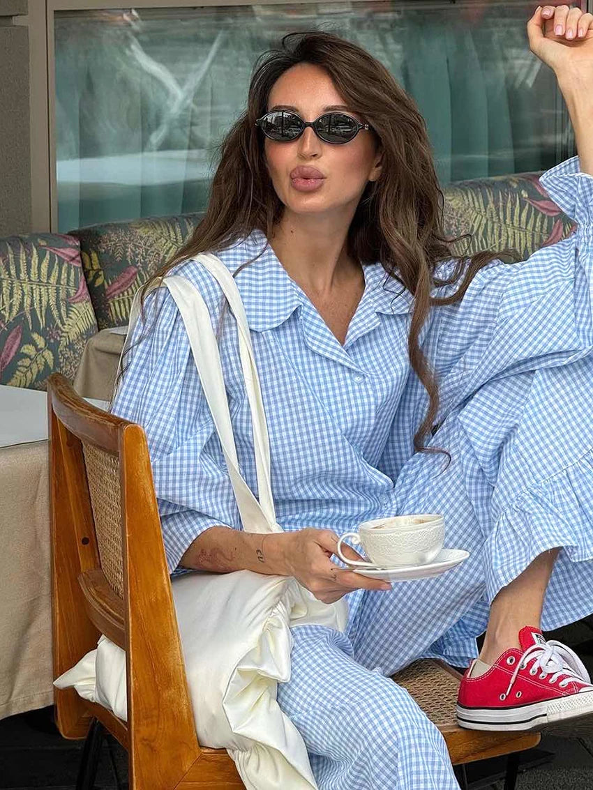 Marthaqiqi Striped Women Pajamas Set Turn-Down Collar Sleepwear Long Sleeve Nightgown Pants Casual Ladies Nightwear 2 Piece Suit